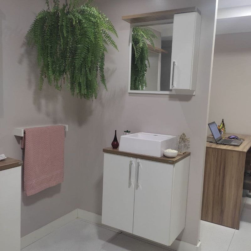 On Móveis Conjuntos de móveis para banheiro 60 Gabinete para Banheiro com Cuba e Espelheira 60cm Mdf Nogal com Branco Paris - On Móveis