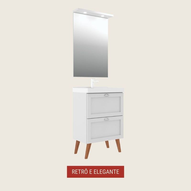 On Móveis Conjuntos de móveis para banheiro Gabinete para Banheiro com Cuba e Espelheira 60cm Retro Mdf Branco Milano - On Móveis