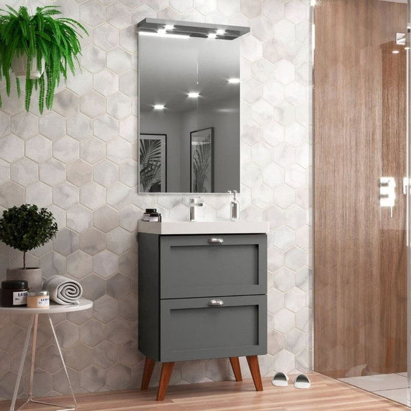 On Móveis Conjuntos de móveis para banheiro Gabinete para Banheiro com Cuba e Espelheira 60cm Retro Mdf Grafite Milano - On Móveis