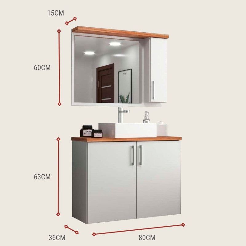 On Móveis Conjuntos de móveis para banheiro 80 Gabinete para Banheiro com Cuba e Espelheira 80cm Mdf Nogal com Branco Paris - On Móveis