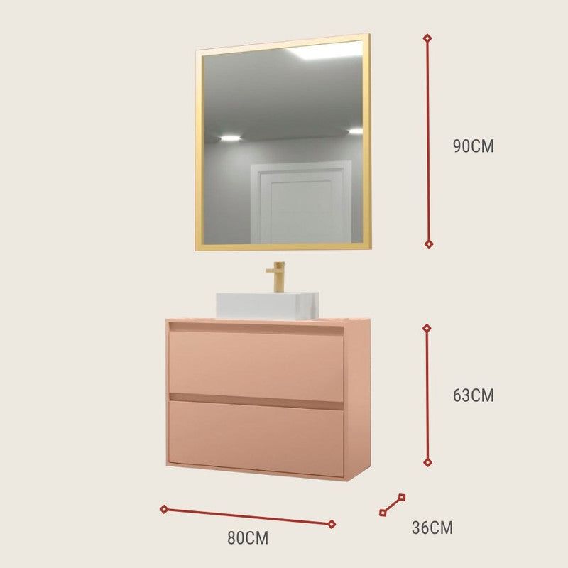 On Móveis Conjuntos de móveis para banheiro 80 Gabinete para Banheiro com Cuba e Espelheira 80cm Mdf Salmão e Alumínio Dourado Dubai - On Móveis