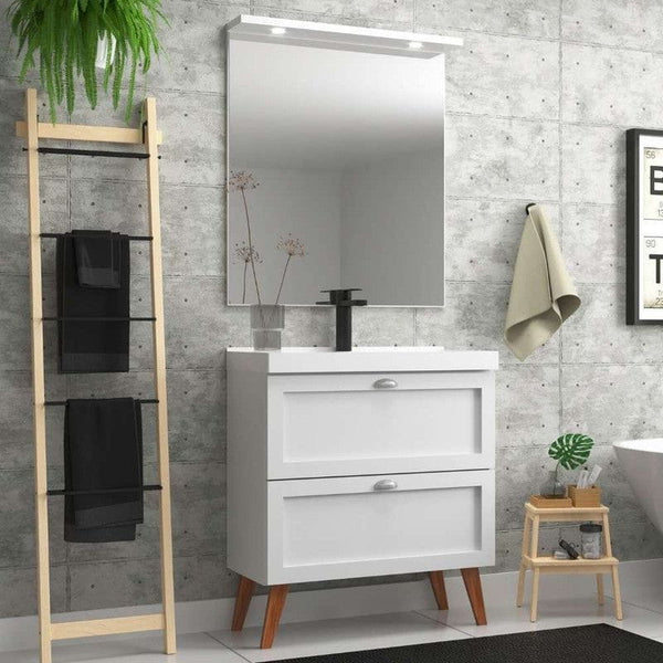 On Móveis Conjuntos de móveis para banheiro Gabinete para Banheiro com Cuba e Espelheira 80cm Retro Mdf Branco Milano - On Móveis
