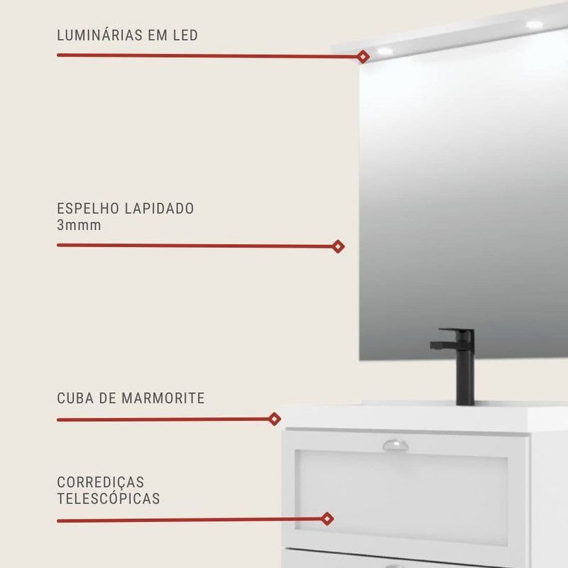 On Móveis Conjuntos de móveis para banheiro Gabinete para Banheiro com Cuba e Espelheira 80cm Retro Mdf Branco Milano - On Móveis
