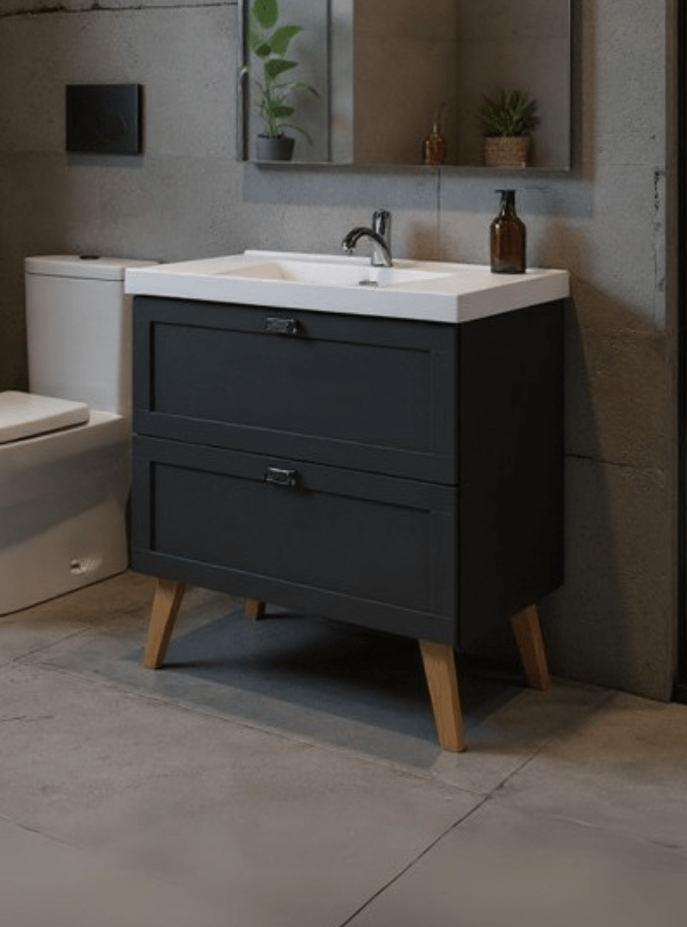 On Móveis Conjuntos de móveis para banheiro Gabinete para Banheiro com Cuba e Espelho 80cm Retro Mdf Grafite Milano - On Móveis