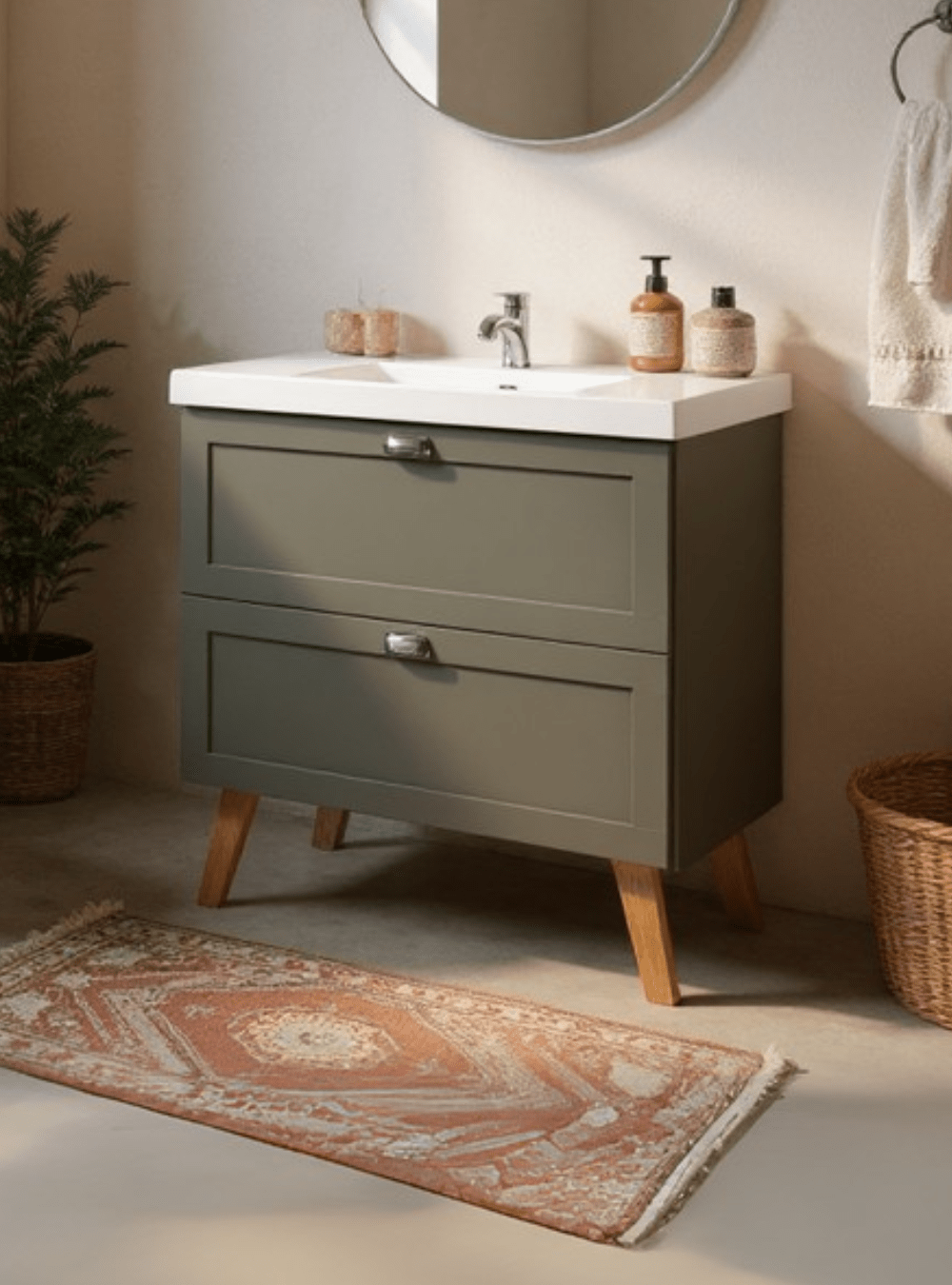 On Móveis Conjuntos de móveis para banheiro Gabinete para Banheiro com Cuba e Espelho 80cm Retro Mdf Verde Milano - On Móveis