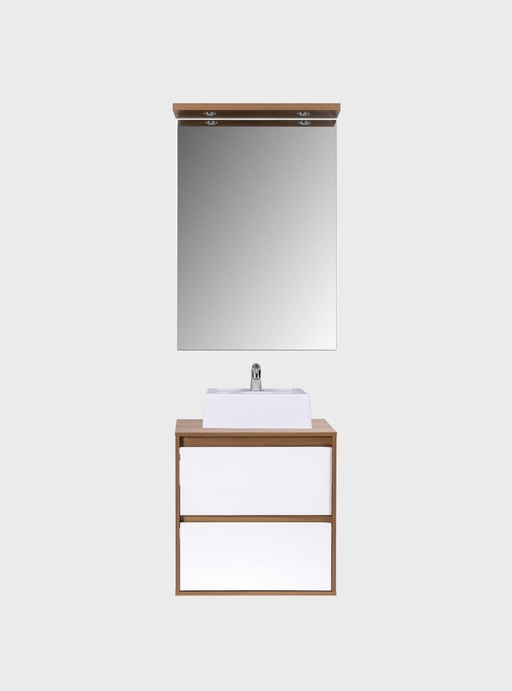Gabinete para Banheiro com Cuba e Espelho com Led 60cm Mdf Freijo com Branco Dubai - On Móveis