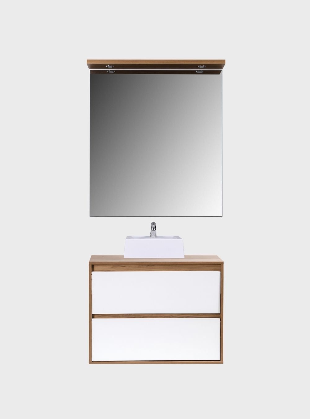 Gabinete para Banheiro com Cuba e Espelho com Led 80cm Mdf Freijo com Branco Dubai - On Móveis