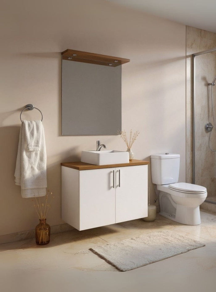 Gabinete para Banheiro com Cuba e Espelho com Led 80cm Mdf Freijo com Branco Paris - On Móveis