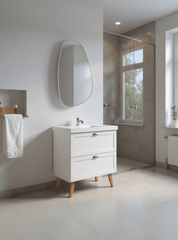 On Móveis Conjuntos de móveis para banheiro Gabinete para Banheiro com Cuba e Espelho Organico 80cm Retro Mdf Branco Milano - On Móveis