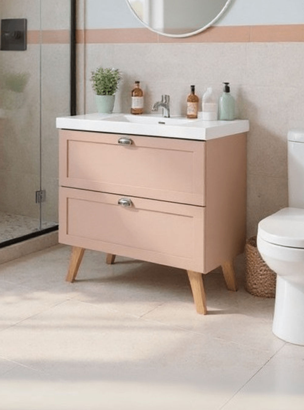 On Móveis Conjuntos de móveis para banheiro Gabinete para Banheiro com Cuba e Espelho Organico 80cm Retro Mdf Rosa Milano - On Móveis