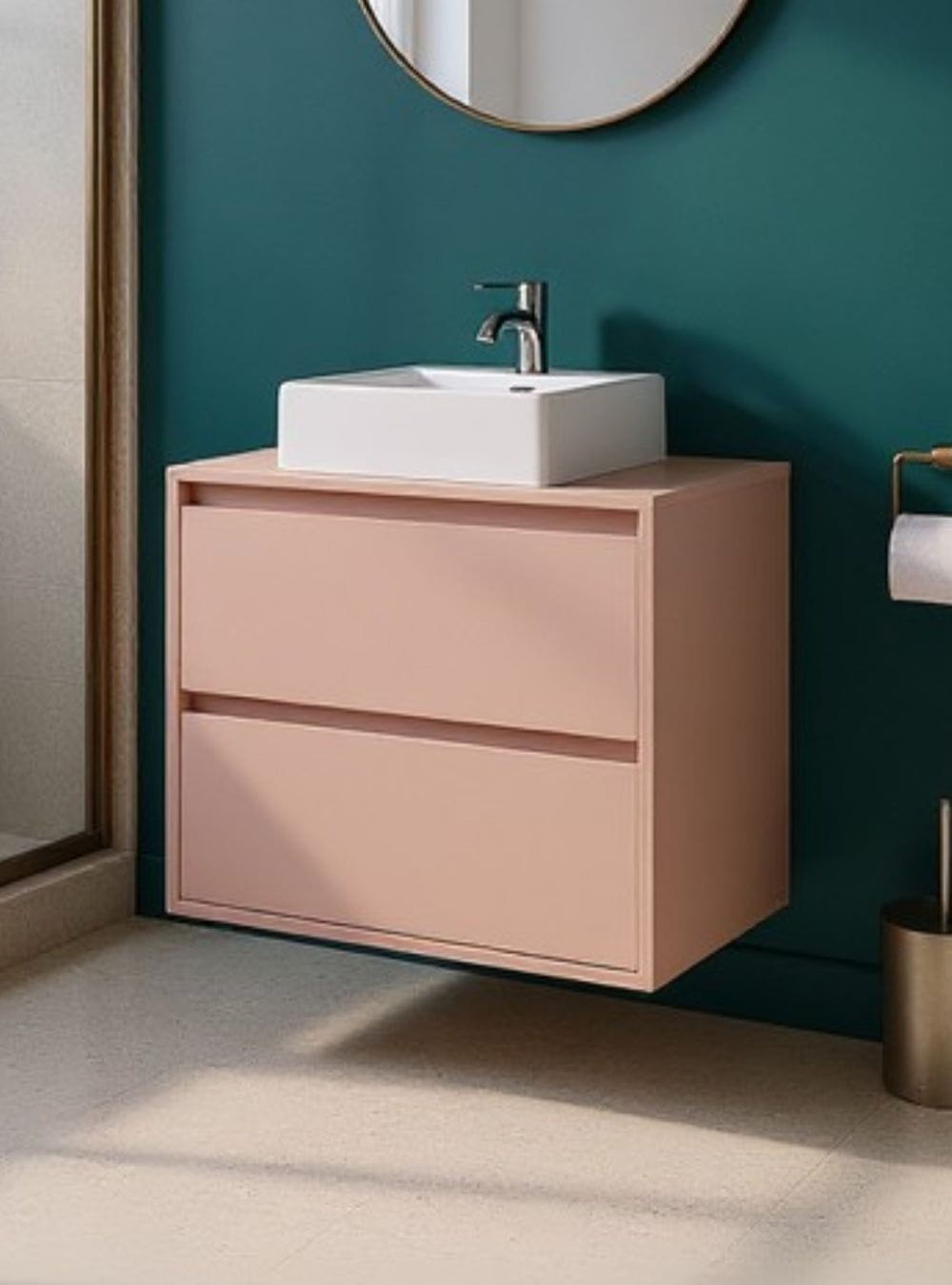 On Móveis Conjuntos de móveis para banheiro Gabinete para Banheiro com Cuba e Espelho Redondo 60cm Mdf Rosa Dubai - On Móveis