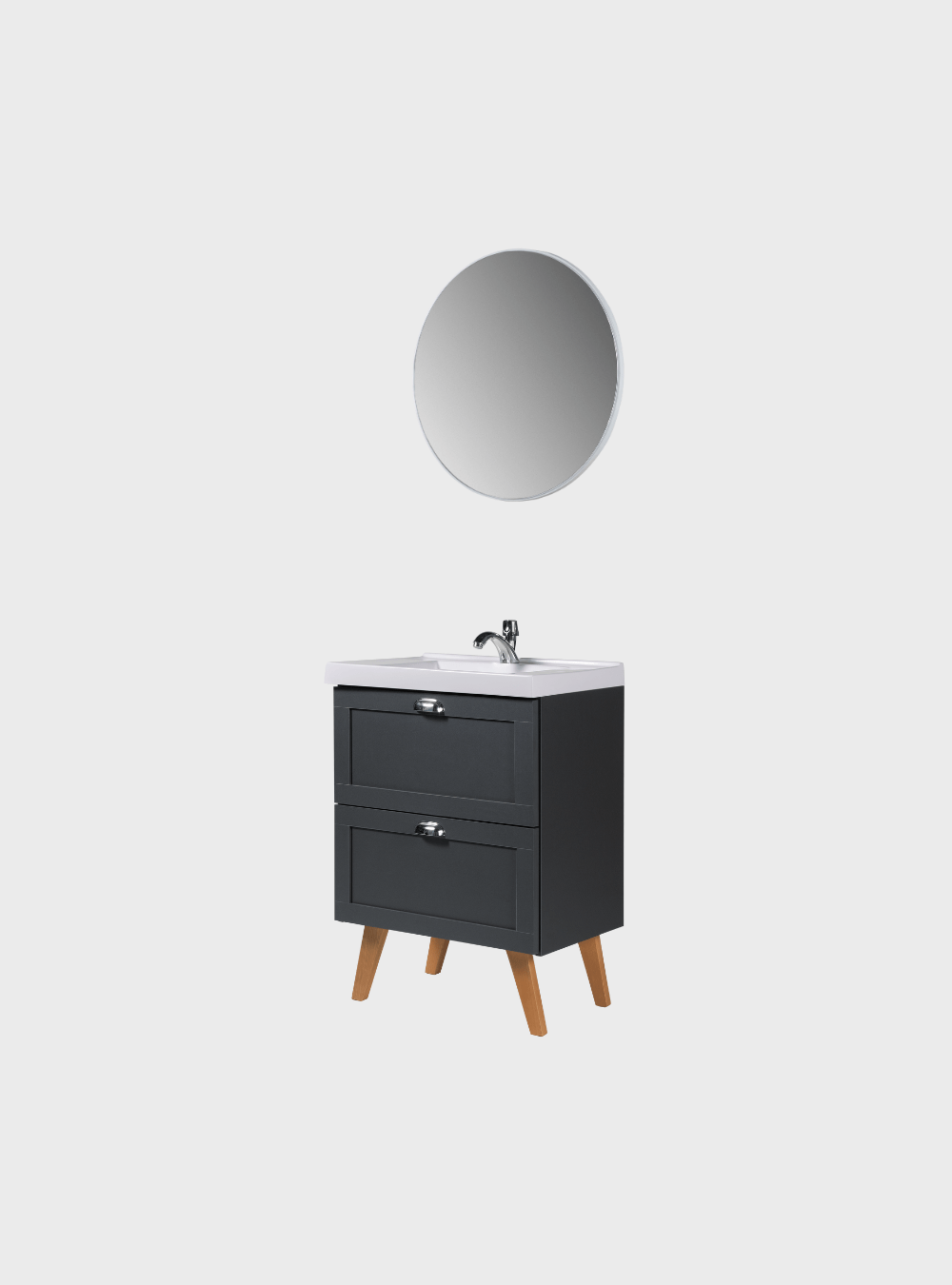 On Móveis Conjuntos de móveis para banheiro Gabinete para Banheiro com Cuba e Espelho Redondo 60cm Retro Mdf Grafite Milano - On Móveis
