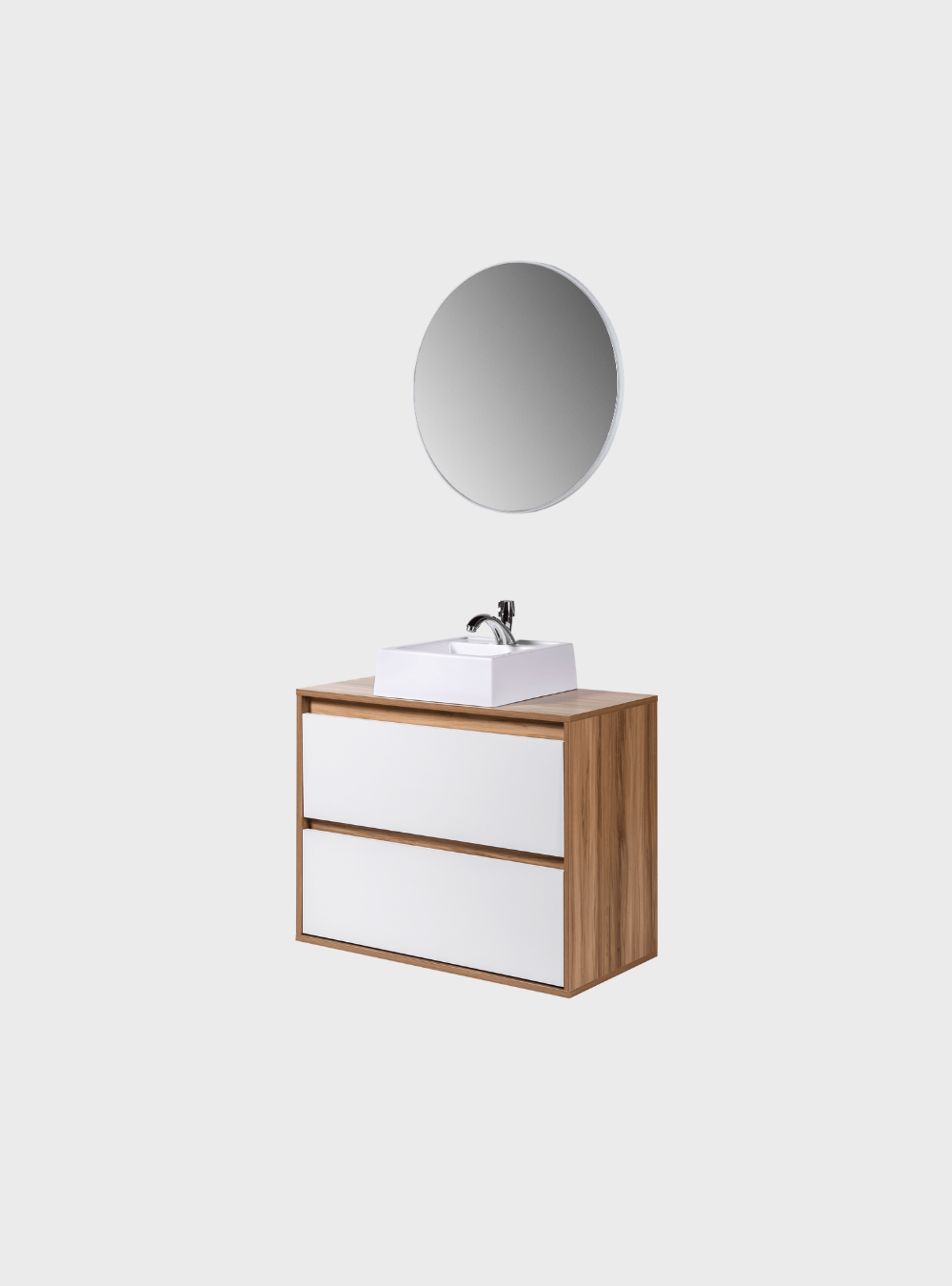 On Móveis Conjuntos de móveis para banheiro Gabinete para Banheiro com Cuba e Espelho Redondo 80cm Mdf Freijo Dubai - On Móveis