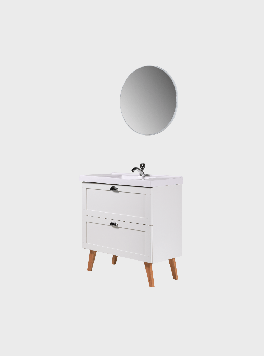 On Móveis Conjuntos de móveis para banheiro Gabinete para Banheiro com Cuba e Espelho Redondo 80cm Retro Mdf Branco Milano - On Móveis