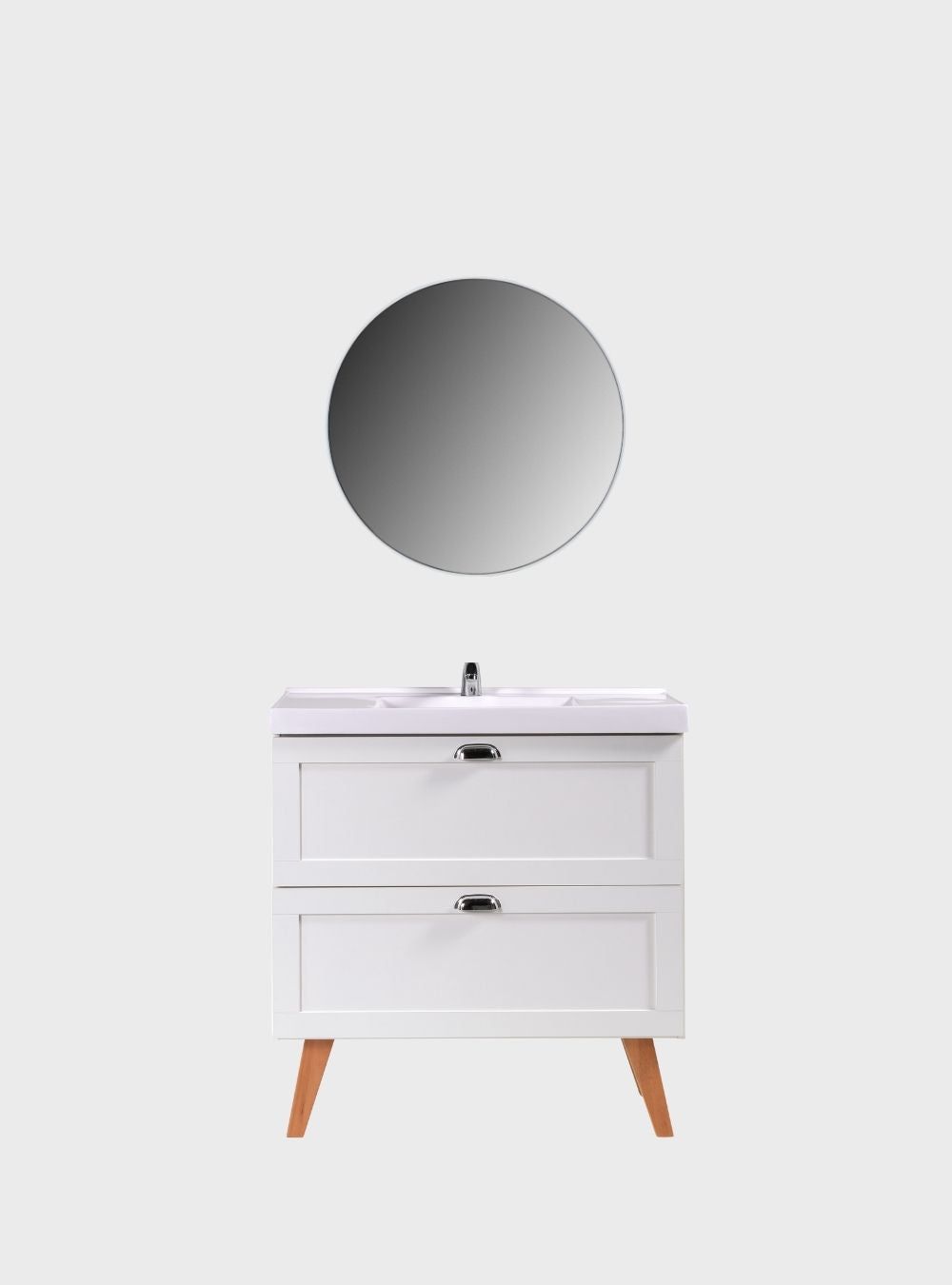 On Móveis Conjuntos de móveis para banheiro Gabinete para Banheiro com Cuba e Espelho Redondo 80cm Retro Mdf Branco Milano - On Móveis