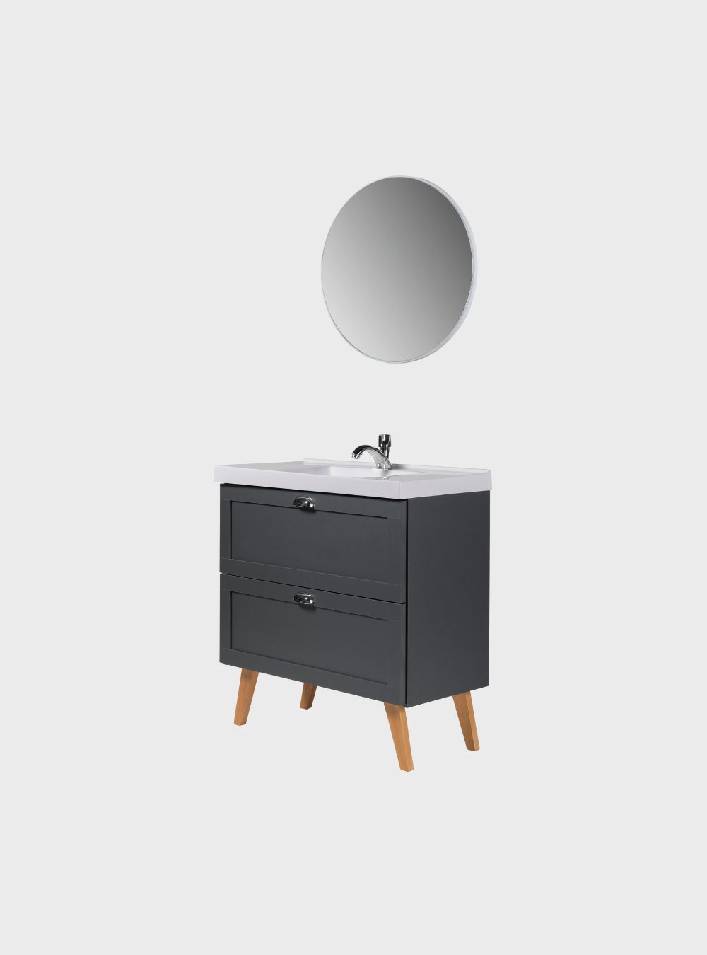 On Móveis Conjuntos de móveis para banheiro Gabinete para Banheiro com Cuba e Espelho Redondo 80cm Retro Mdf Grafite Milano - On Móveis
