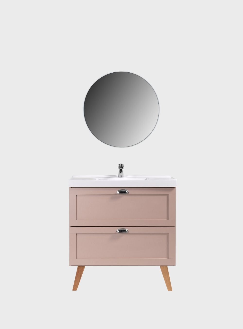 On Móveis Conjuntos de móveis para banheiro Gabinete para Banheiro com Cuba e Espelho Redondo 80cm Retro Mdf Rosa Milano - On Móveis