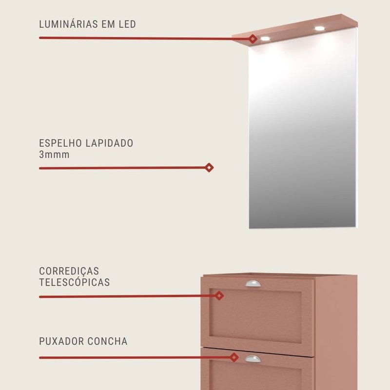 On Móveis Conjuntos de móveis para banheiro Gabinete para Banheiro com Espelheira 60cm Retro Mdf Salmao Milano - On Móveis