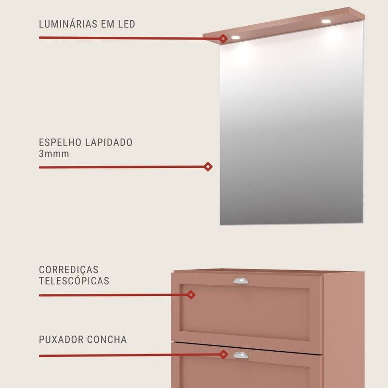 On Móveis Conjuntos de móveis para banheiro Gabinete para Banheiro com Espelheira 80cm Retro Mdf Salmao Milano - On Móveis