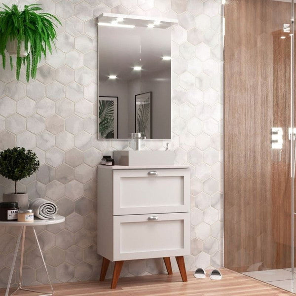 On Móveis Conjuntos de móveis para banheiro Gabinete para Banheiro com Tampo Cuba e Espelheira 60cm Retro Mdf Branco Milano - On Móveis