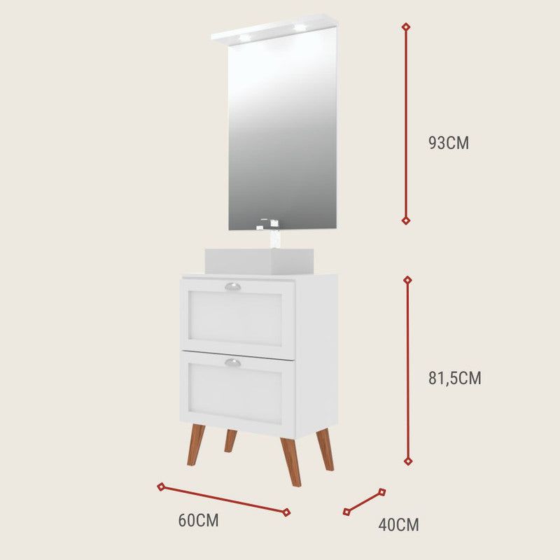 On Móveis Conjuntos de móveis para banheiro Gabinete para Banheiro com Tampo Cuba e Espelheira 60cm Retro Mdf Branco Milano - On Móveis