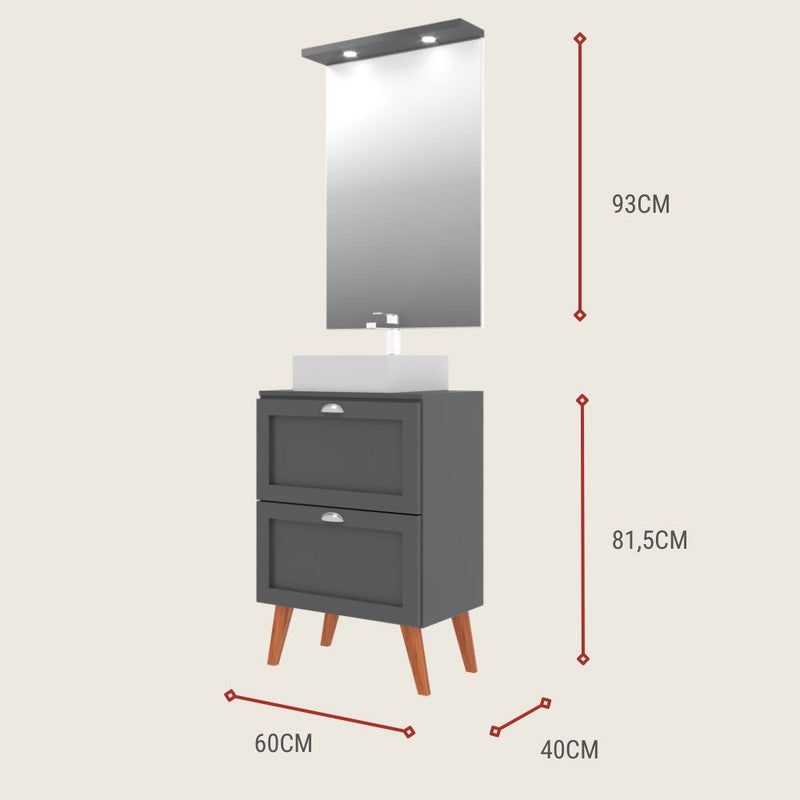 On Móveis Conjuntos de móveis para banheiro Gabinete para Banheiro com Tampo Cuba e Espelheira 60cm Retro Mdf Grafite Milano - On Móveis