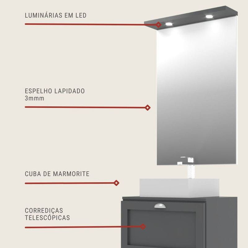 On Móveis Conjuntos de móveis para banheiro Gabinete para Banheiro com Tampo Cuba e Espelheira 60cm Retro Mdf Grafite Milano - On Móveis