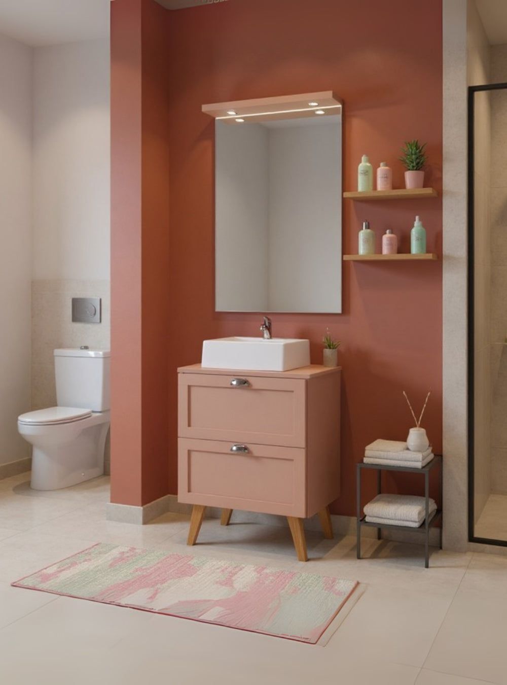 On Móveis Conjuntos de móveis para banheiro Gabinete para Banheiro com Tampo Cuba e Espelheira 60cm Retro Mdf Rosa Milano - On Móveis
