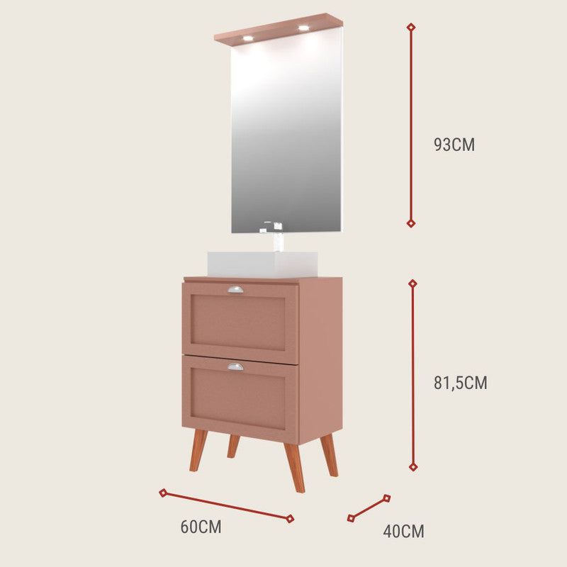 On Móveis Conjuntos de móveis para banheiro Gabinete para Banheiro com Tampo Cuba e Espelheira 60cm Retro Mdf Salmao Milano - On Móveis