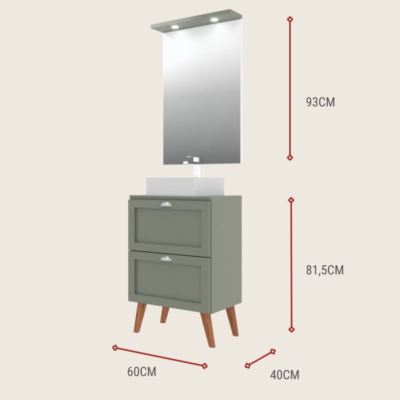 On Móveis Conjuntos de móveis para banheiro Gabinete para Banheiro com Tampo Cuba e Espelheira 60cm Retro Mdf Verde Milano - On Móveis