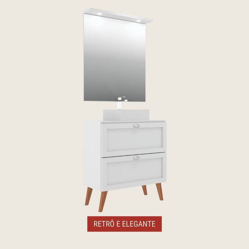 On Móveis Conjuntos de móveis para banheiro Gabinete para Banheiro com Tampo Cuba e Espelheira 80cm Retro Mdf Branco Milano - On Móveis