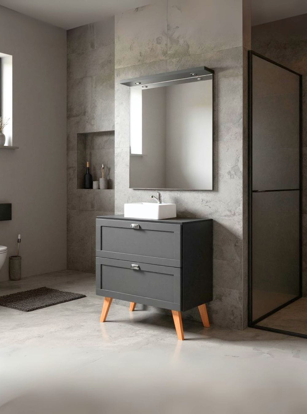 On Móveis Conjuntos de móveis para banheiro Gabinete para Banheiro com Tampo Cuba e Espelheira 80cm Retro Mdf Grafite Milano - On Móveis