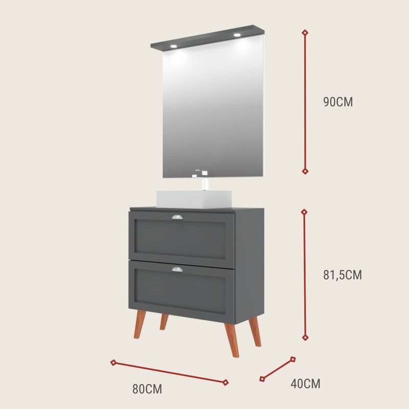 On Móveis Conjuntos de móveis para banheiro Gabinete para Banheiro com Tampo Cuba e Espelheira 80cm Retro Mdf Grafite Milano - On Móveis