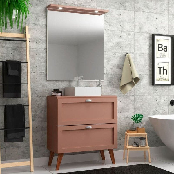 On Móveis Conjuntos de móveis para banheiro Gabinete para Banheiro com Tampo Cuba e Espelheira 80cm Retro Mdf Salmao Milano - On Móveis