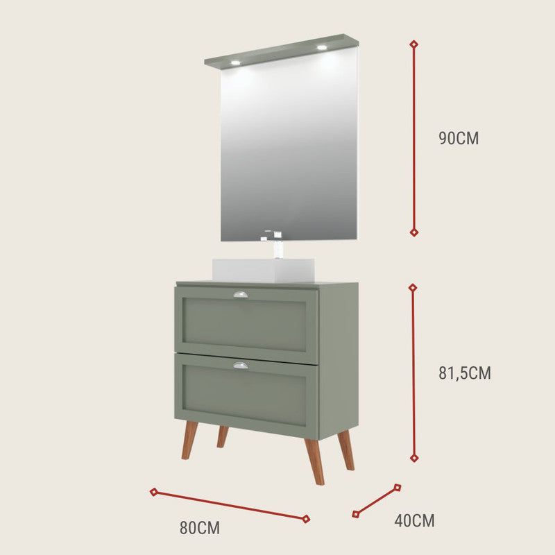 On Móveis Conjuntos de móveis para banheiro Gabinete para Banheiro com Tampo Cuba e Espelheira 80cm Retro Mdf Verde Milano - On Móveis