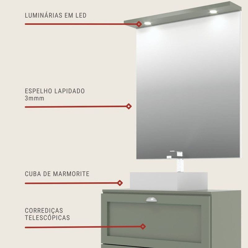 On Móveis Conjuntos de móveis para banheiro Gabinete para Banheiro com Tampo Cuba e Espelheira 80cm Retro Mdf Verde Milano - On Móveis
