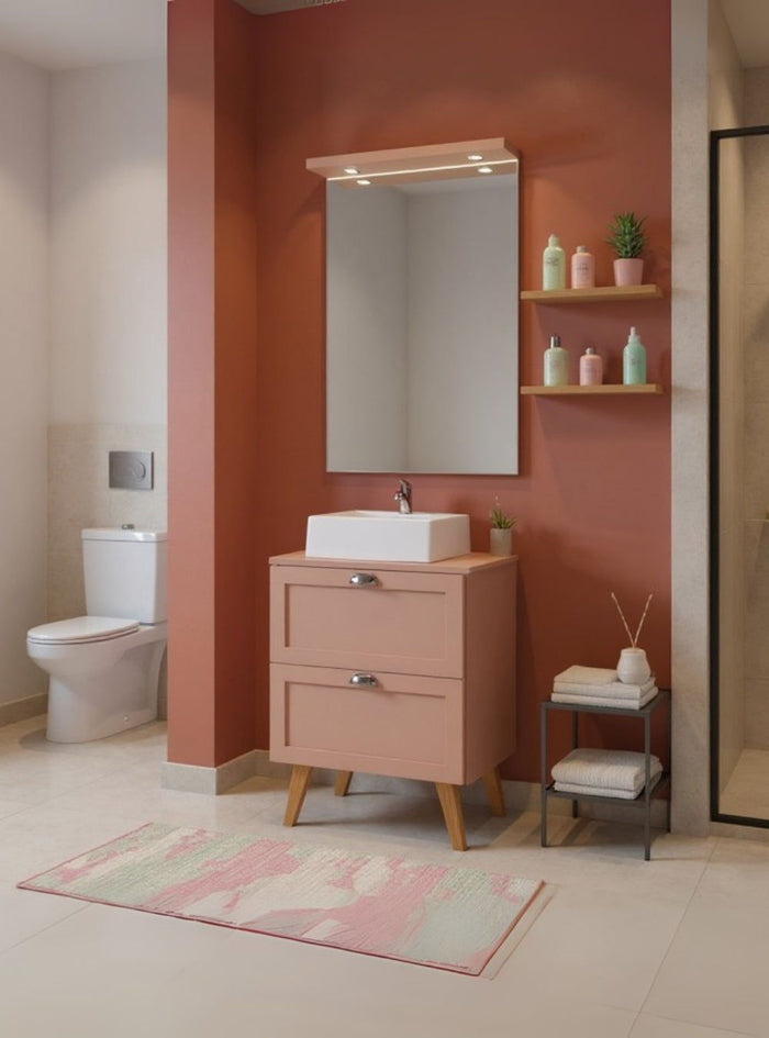 Gabinete para Banheiro com Tampo Cuba e Espelho com Led 60cm Retro Mdf Rosa Milano - On Móveis