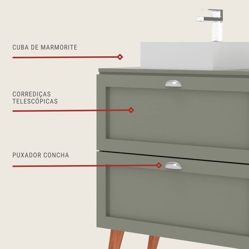 On Móveis Conjuntos de móveis para banheiro Gabinete para Banheiro com Tampo e Cuba 80cm Retro Mdf Verde Milano - On Móveis