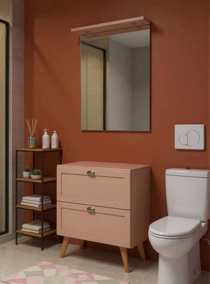 Gabinete para Banheiro com Tampo e Espelho com Led 80cm Retro Mdf Rosa Milano - On Móveis