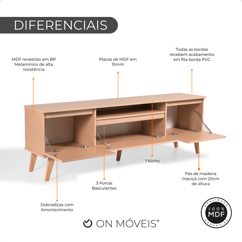 On Móveis Conjuntos de móveis para sala de estar Rack para TV 180cm Retro Mdf Salmao Dallas - On Móveis