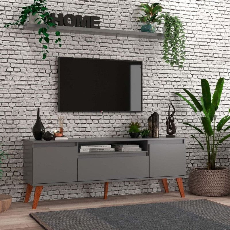 On Móveis Conjuntos de móveis para sala de estar 150 Rack para TV com Prateleira 150cm Retro Mdf Grafite Dallas - On Móveis