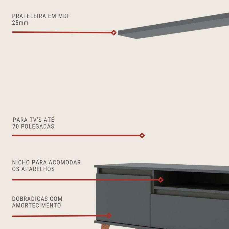 On Móveis Conjuntos de móveis para sala de estar 180 Rack para TV com Prateleira 180cm Retro Mdf Grafite Dallas - On Móveis