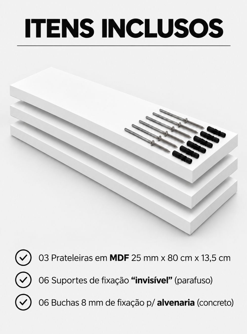 Kit de 3 Prateleiras 80cm MDF Branco — vista adicional