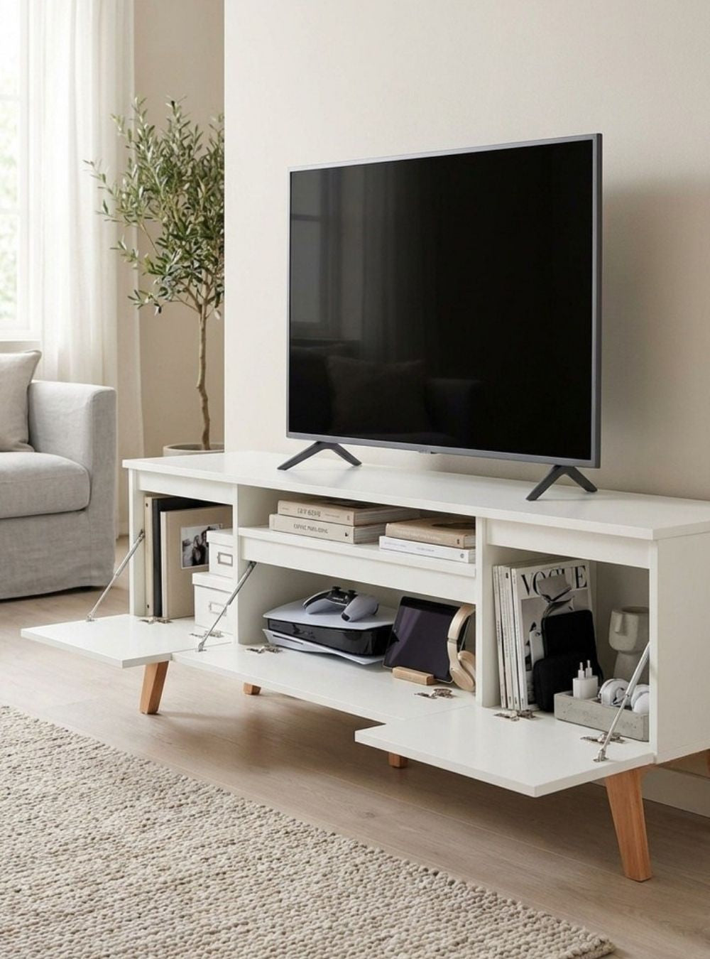 Rack para TV  com Painel  e Prateleira 150cm Retro Mdf Branco Dallas - On Móveis
