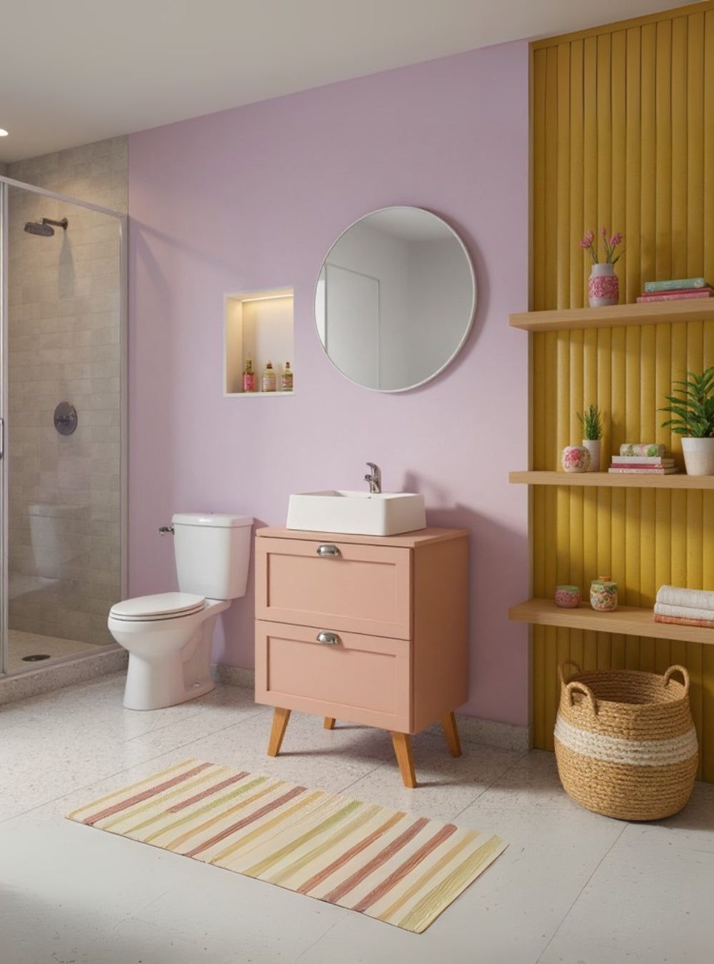 On Móveis Gabinete para Banheiro com Tampo Cuba e Espelho Redondo 60cm Retro Mdf Rosa Milano - On Móveis