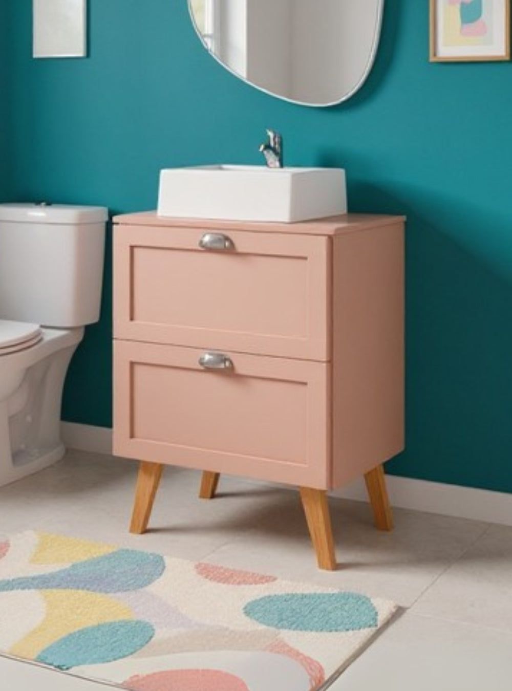 On Móveis Gabinete para Banheiro com Tampo Cuba e Espelho Redondo 60cm Retro Mdf Rosa Milano - On Móveis