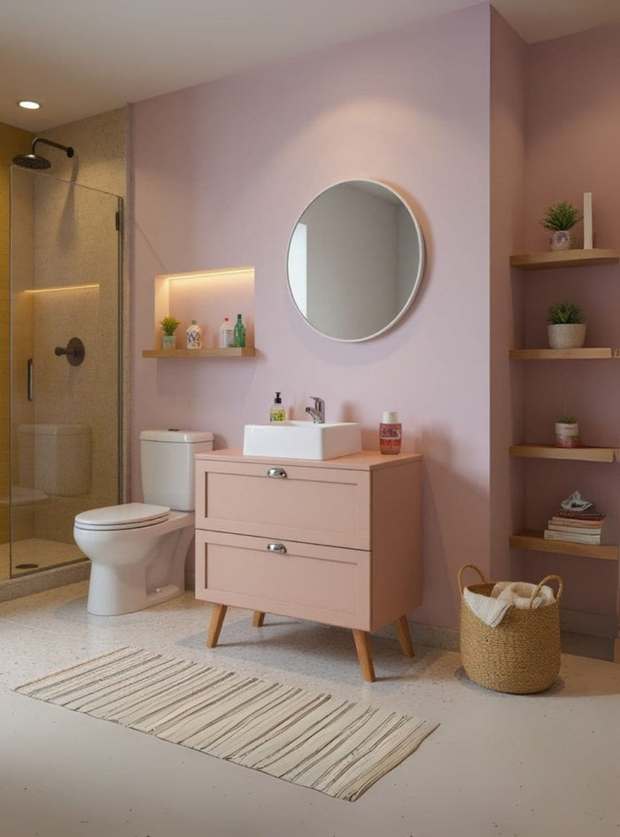 Gabinete para Banheiro com Tampo Cuba e Espelho Redondo 80cm Retro Mdf Rosa Milano - On Móveis