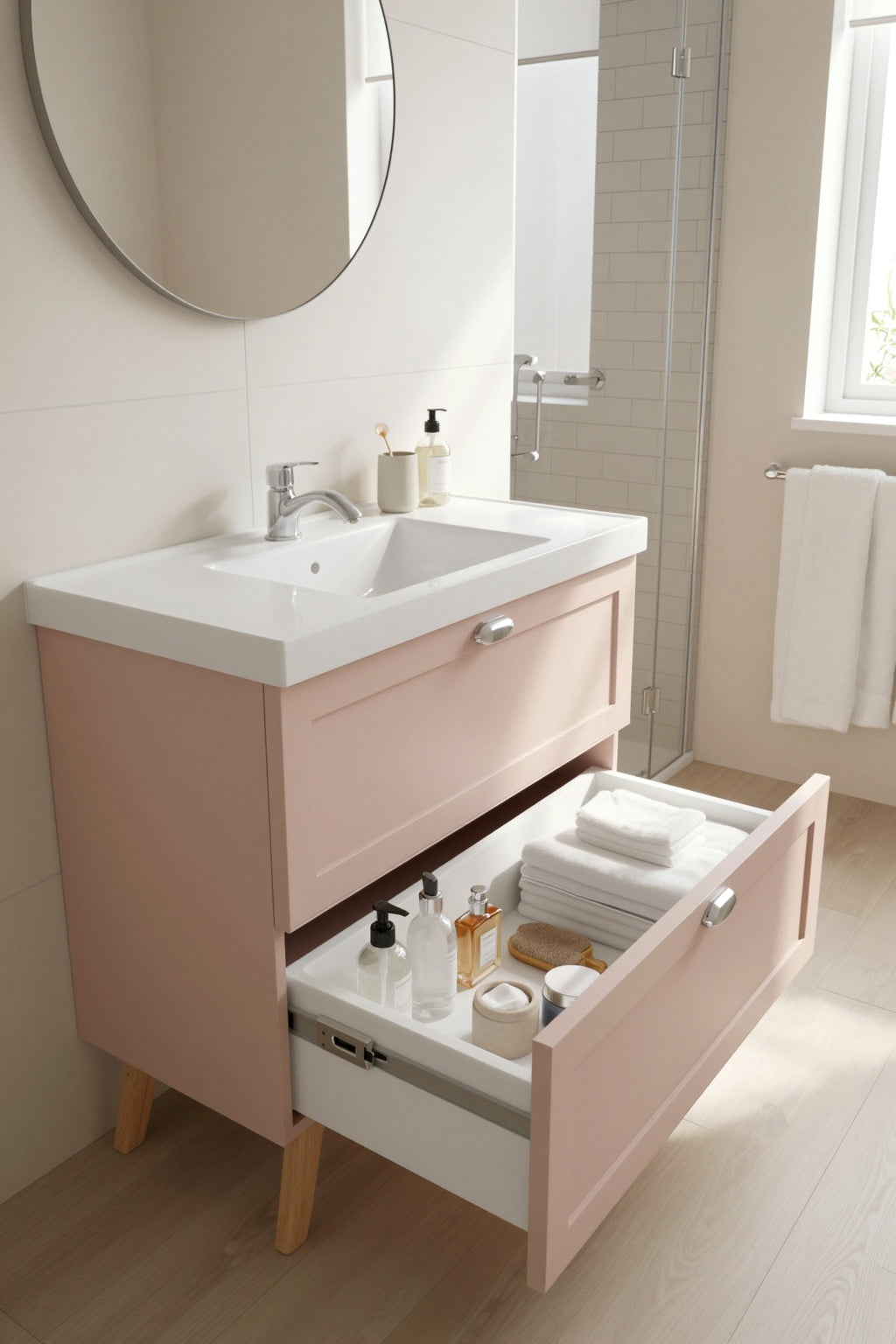 Gabinete para Banheiro com Cuba e Espelho Orgânico 80cm Retrô MDF Rosa Milano — vista adicional