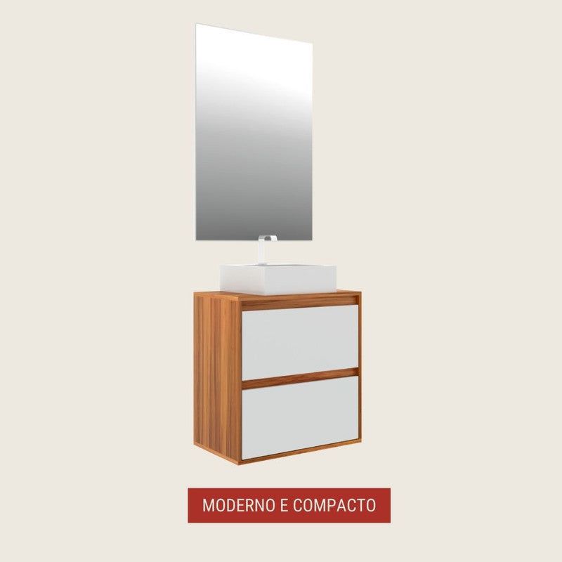 On Móveis Conjuntos de móveis para banheiro 60 Gabinete para Banheiro com Cuba e Espelheira 60cm Mdf Nogal com Branco Dubai - On Móveis