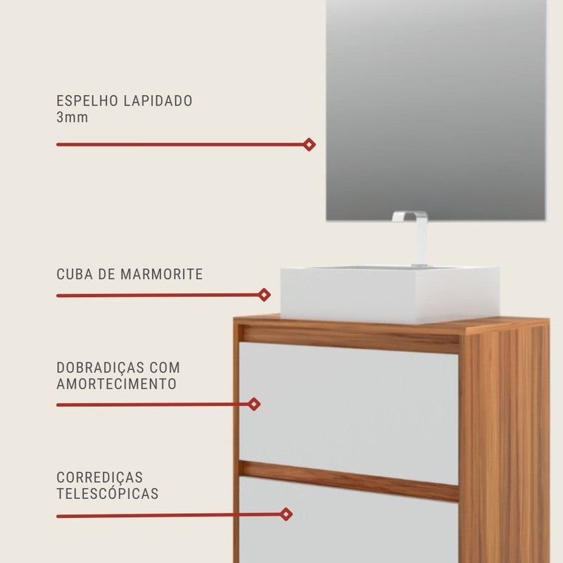 On Móveis Conjuntos de móveis para banheiro 60 Gabinete para Banheiro com Cuba e Espelheira 60cm Mdf Nogal com Branco Dubai - On Móveis